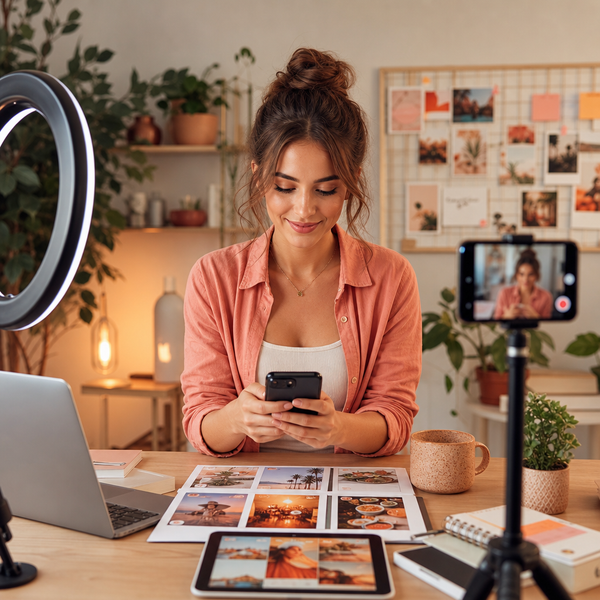 Maker hergebruikt één Instagram-post op meerdere socialmediaplatforms via laptop en telefoon.