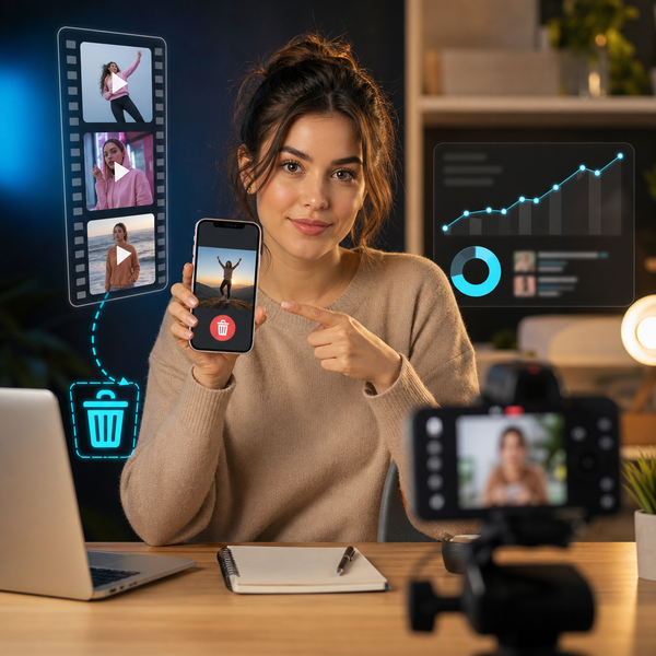 Maker verwijdert een TikTok-video op een telefoon terwijl analytics en engagement worden beoordeeld.