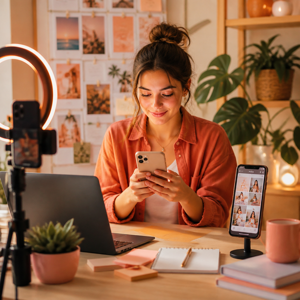 Telefoon met Instagram-interface en verschillende formaten