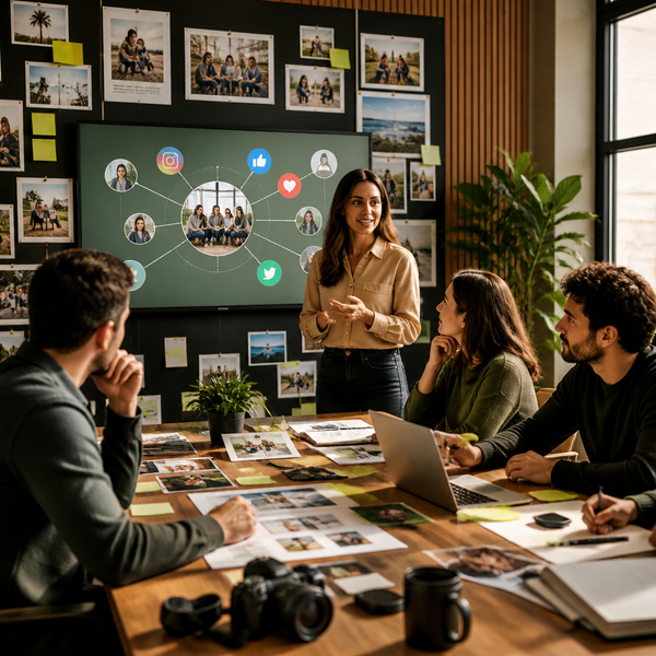 Team dat menselijke social media content maakt in een collaboratieve ruimte