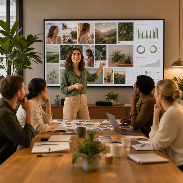 A marketing team reviewing social media campaign analytics on a laptop and tablet