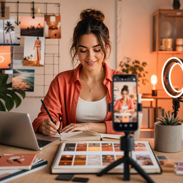 Illustratie van Instagram- en Facebook-logo’s met AI die een fotogalerij scant op leeftijdssignalen.
