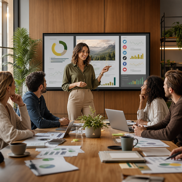 Enterprise socialmediatteam beoordeelt dashboards, approvals en analytics voor een social media marketing strategie.