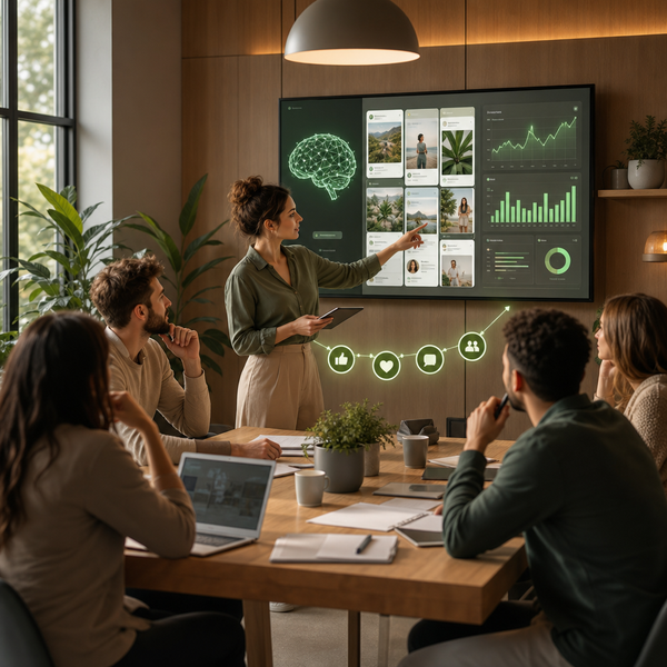 Person plant eine Social Media Marketing Strategie mit KI-Tools am Laptop-Dashboard