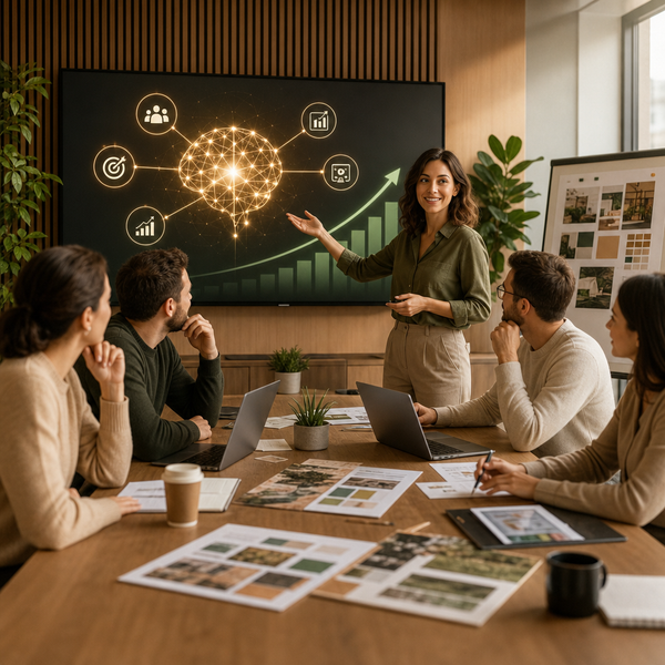 Marketingteam analysiert KI-gestützte Social-Media-Daten und Content-Ideen