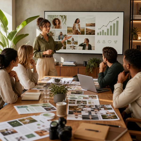 Influencer en merkteam dat een langetermijn social media marketing strategie plant