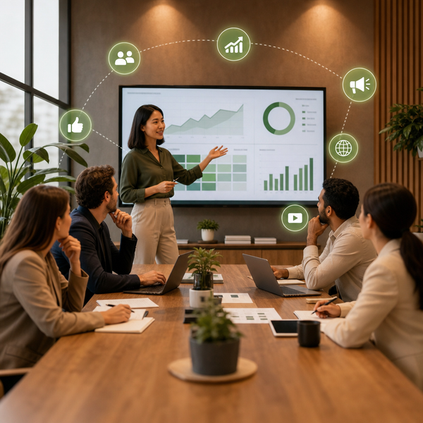 Small business team planning LinkedIn marketing strategy on a dashboard screen