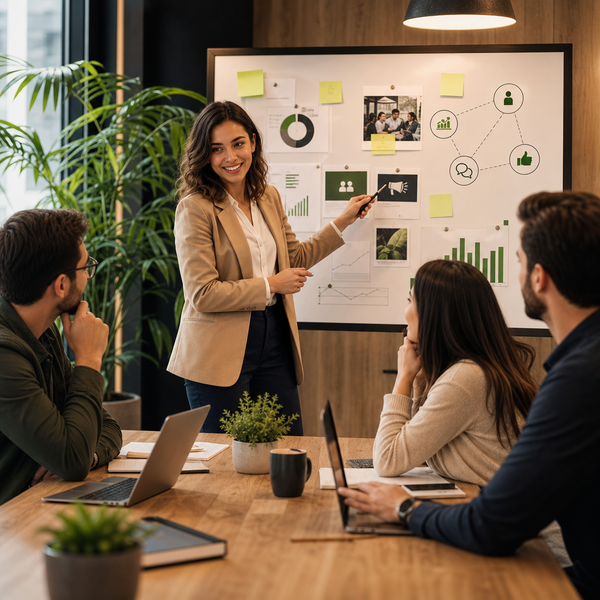 Equipo de una pequeña empresa planificando su estrategia de marketing en LinkedIn en un panel de control
