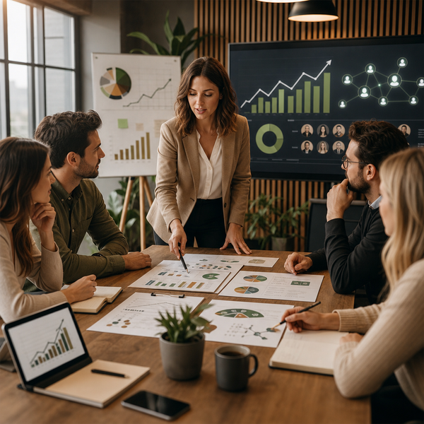 Team di una piccola impresa che pianifica la strategia LinkedIn su un dashboard