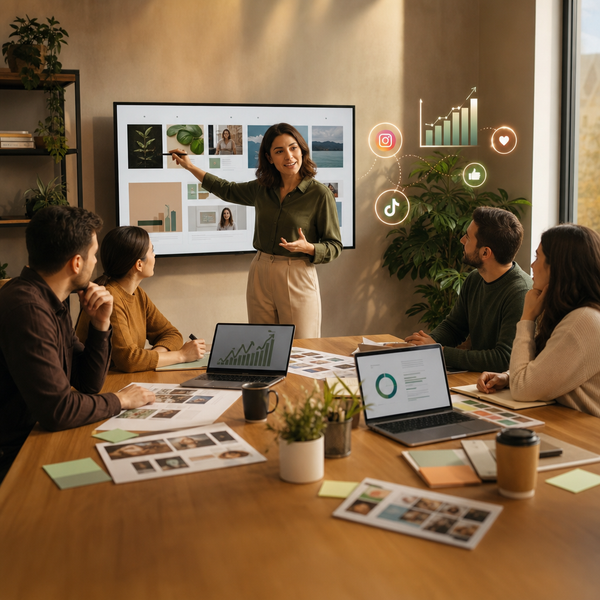 Marketingteam dat social media contentkalender en prestatiecijfers beheert op een laptopscherm