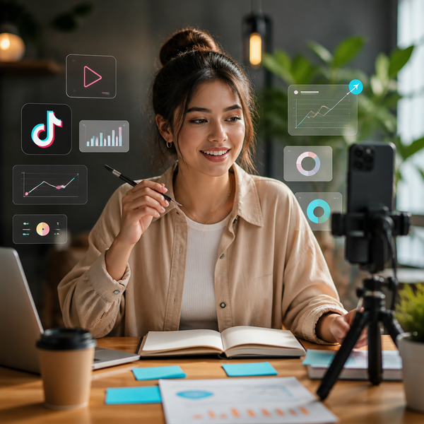 Smartphone toont TikTok-profiel met link in bio en analytics
