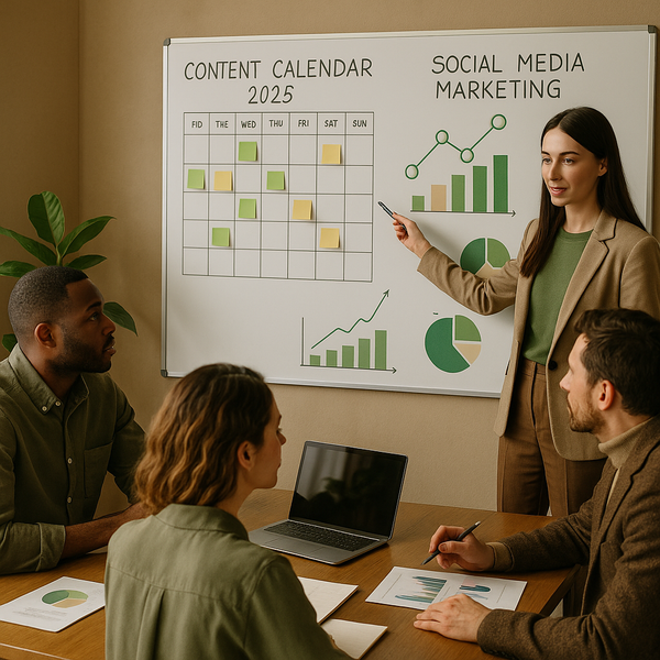 Team che pianifica il calendario dei contenuti su un grande schermo