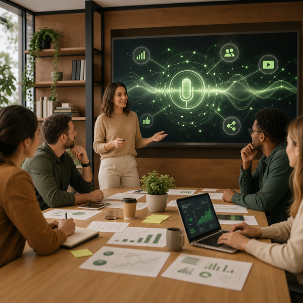 OpenAI voice intelligence features displayed on a dashboard with social media content planning elements