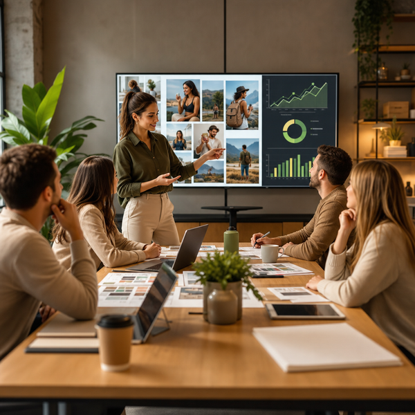 Equipe de marca e influenciador planejando uma estrategia de marketing em redes sociais de longo prazo
