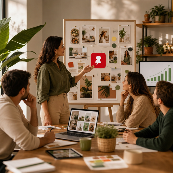 Painel de marketing do Pinterest e pins de conteúdo para a estratégia de uma pequena empresa em 2026