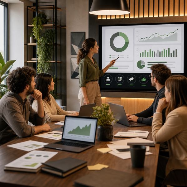 Equipe de marketing B2B SaaS analisando desempenho de SEO de produto e dados de demanda de busca