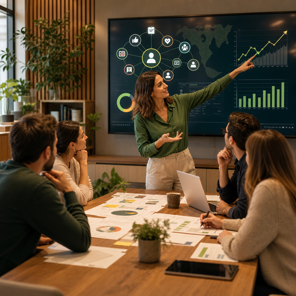 Team dat social intelligence-dashboards en publiekssignalen analyseert voor een social media marketing strategie