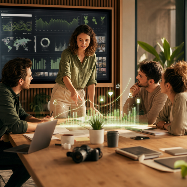 Team analysiert Social-Media-Daten und Kommentare auf einem Dashboard für eine Social-Media-Marketing-Strategie