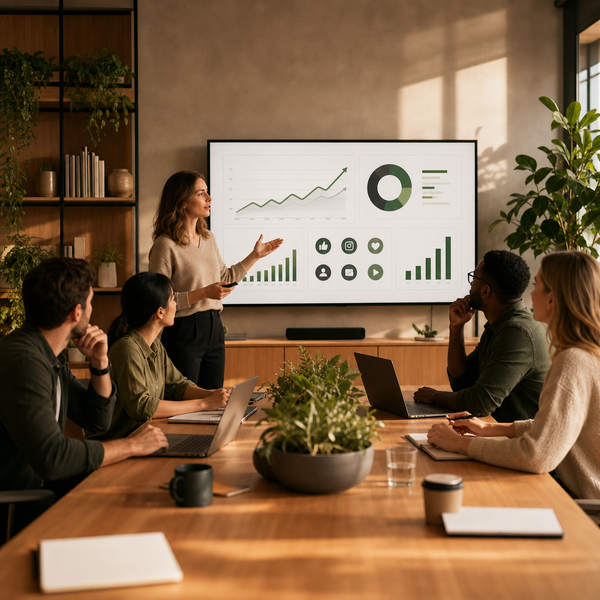 B2B SaaS-marketingteam bekijkt product-SEO-prestaties en zoekvraagdata