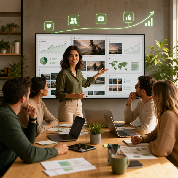 Analist bekijkt socialmediaprestaties van concurrenten met Claude AI op een dashboard