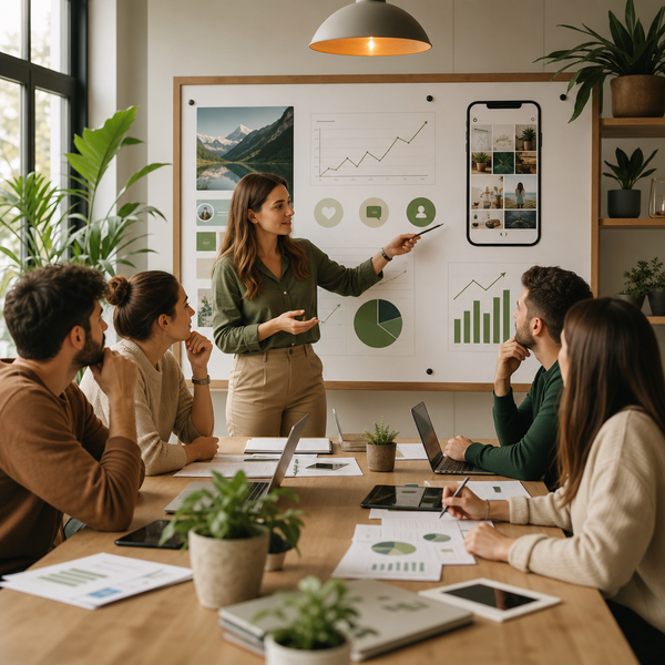 Team plant eine Social Media Marketing Strategie mit Plattform-Analytics auf einem Laptop-Bildschirm