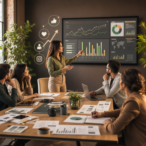 Pricing strategy notes beside social media analytics charts on a desk