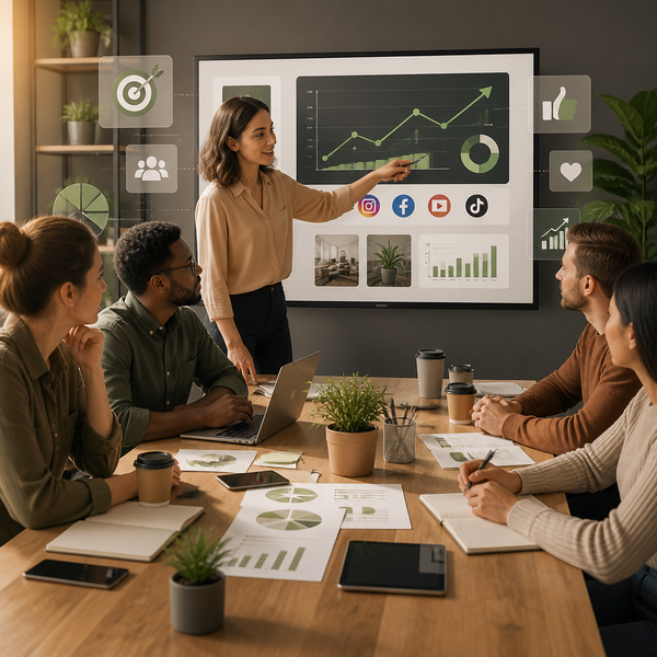 Kleine ondernemer plant social media-strategie op laptop