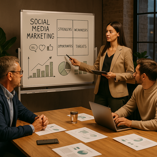 Mensen die sociale data analyseren op schermen om strategie te verbeteren