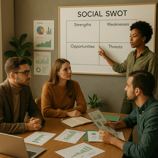 Personen analysieren Social-Media-Daten auf Bildschirmen zur Optimierung der Strategie