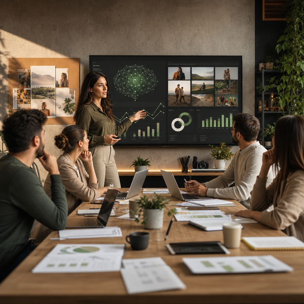 Illustrazione di annunci AI di Meta su una dashboard social con analisi di marketing