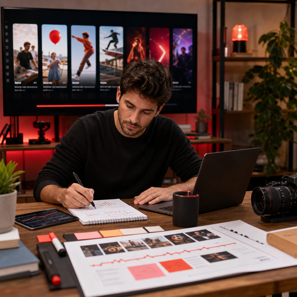YouTube Shorts riprodotti su una televisione in un soggiorno con un dashboard analytics del creator vicino