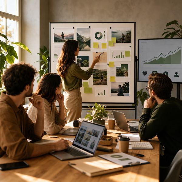 Team social media enterprise che valuta dashboard, approvazioni e analytics per una strategia social media marketing.