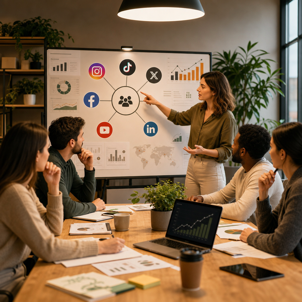 Tableau de bord de stratégie marketing réseaux sociaux avec icônes de plateformes et indicateurs de performance