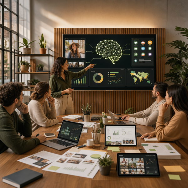 Équipe marketing analysant des tableaux de bord IA et des idées de contenu social