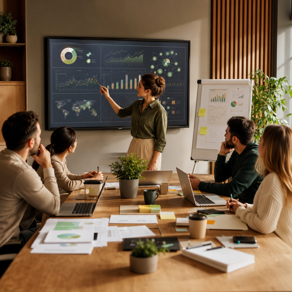 Équipe marketing analysant les insights du suivi des prompts AEO sur un tableau de bord de strategie marketing reseaux sociaux