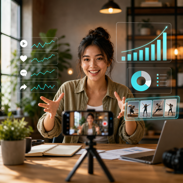Creator filmt ein TikTok-Video mit Analyse-Icons und einer Fluglinien-Schlagzeile im Hintergrund