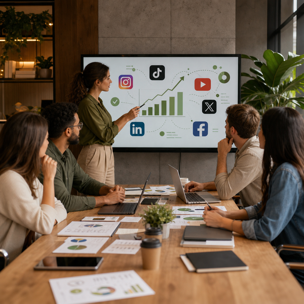 Painel de analytics de redes sociais ao lado de um aviso de encerramento, ilustrando risco em estrategia de marketing em redes sociais