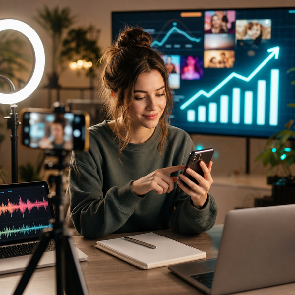 Creator analyzing trending TikTok songs on a mobile dashboard for a 2026 growth strategy.