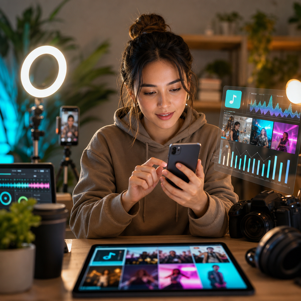 Maker bekijkt trending TikTok-songs op een mobiel dashboard voor een groeistrategie in 2026.