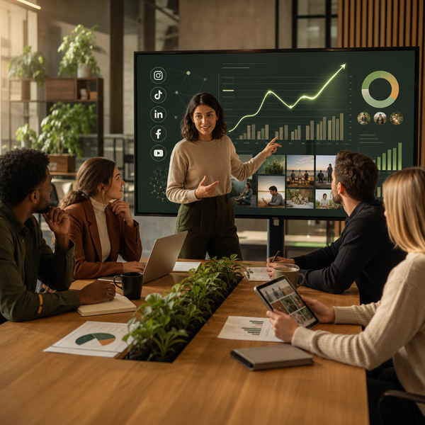 Team gebruikt geavanceerde AI-tools om de social media marketing strategie te verbeteren in een moderne werkomgeving