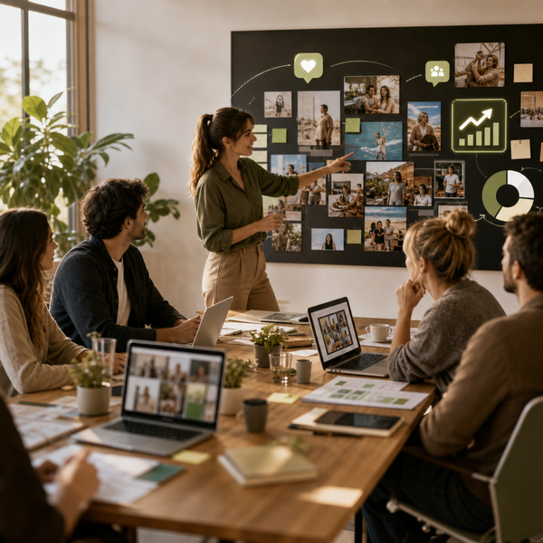 Team prüft UGC-Ideen für eine Social-Media-Marketing-Strategie 2026
