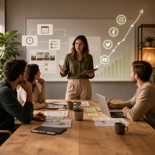 Illustratie van social media-automatisering met planning, reacties en analysetabellen
