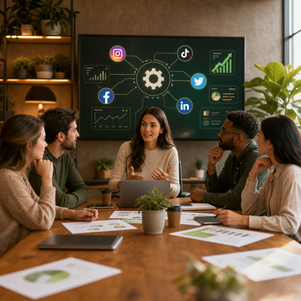 Laptop dashboard showing social media automation workflows and scheduling analytics