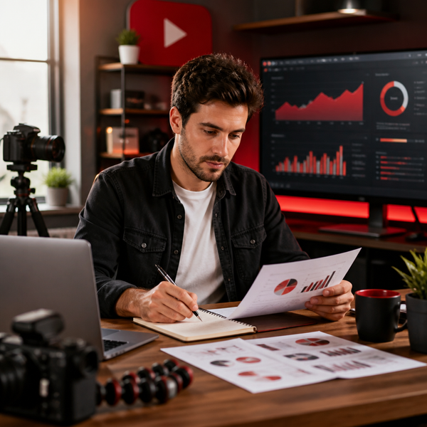 Gráfico de crecimiento de YouTube en una pantalla con analíticas y anuncios