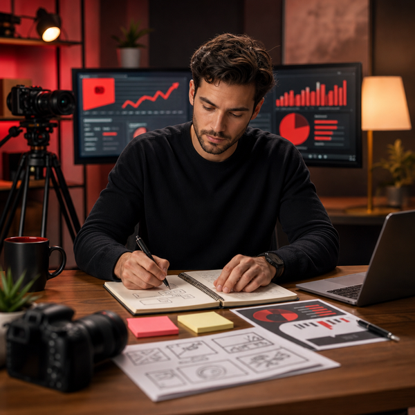 Laptopdashboard met YouTube-analytics, bewerkingssoftware en workflownotities van een maker