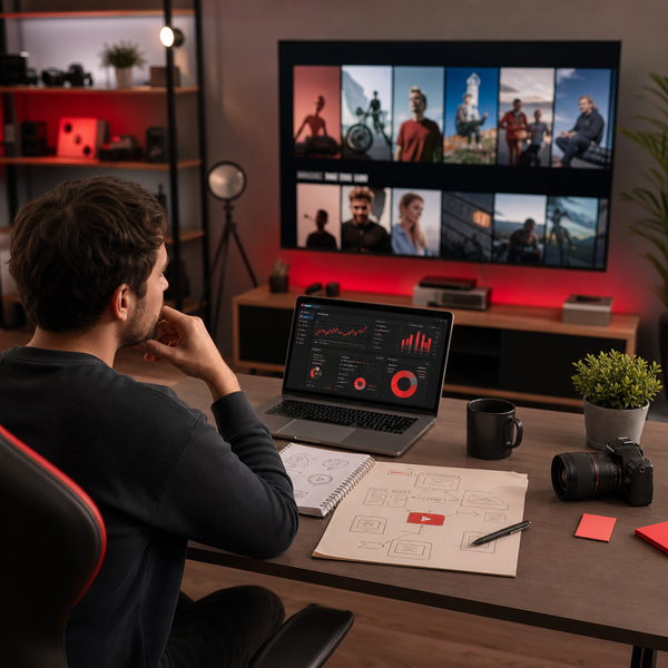 YouTube Shorts laufen auf einem Fernsehbildschirm im Wohnzimmer, daneben ein Creator-Analytics-Dashboard