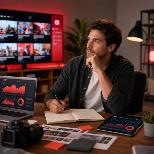 YouTube Shorts op een televisiescherm in een woonkamer met een dashboard voor creator analytics in de buurt