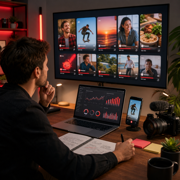Shorts YouTube diffusés sur un téléviseur dans un salon, avec un tableau d’analytics de créateur à côté