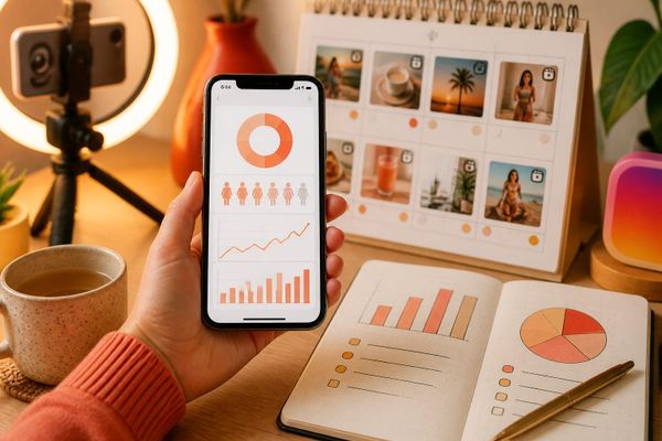 estrategia crecimiento instagram benchmarks creator phone desk with Reels planning calendar and metrics dashboard