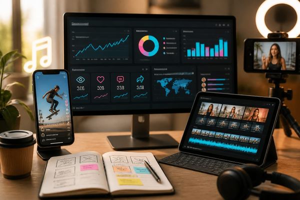 herramientas tiktok para crecer guia short-form creator studio with posting calendar and engagement metrics board
